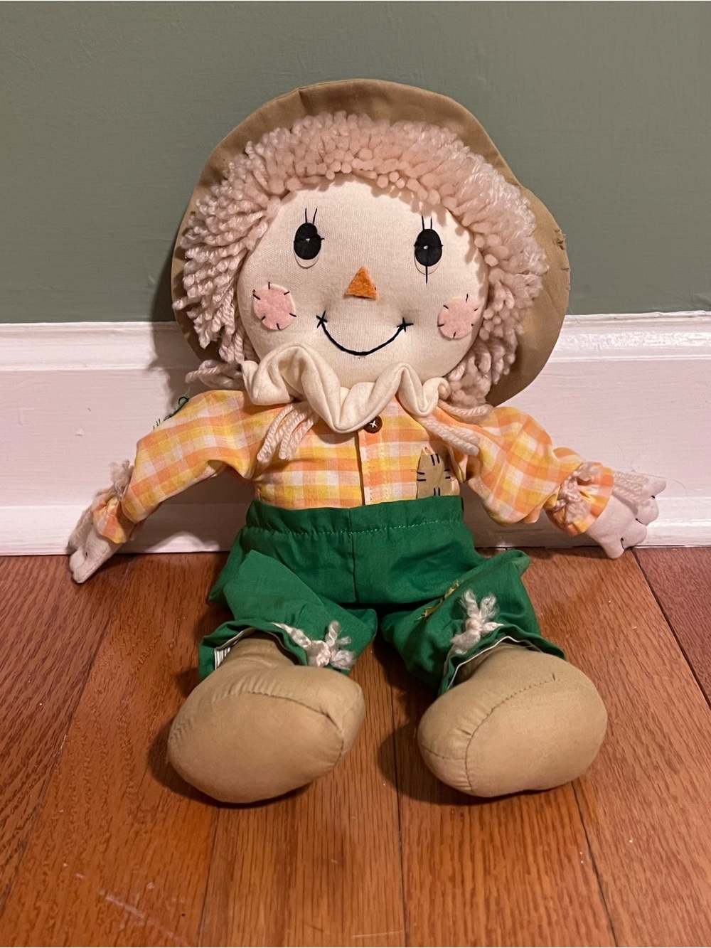 Dakin Vintage Scarecrow Plush Doll - Fall Decor, plaid shirt and green pants.